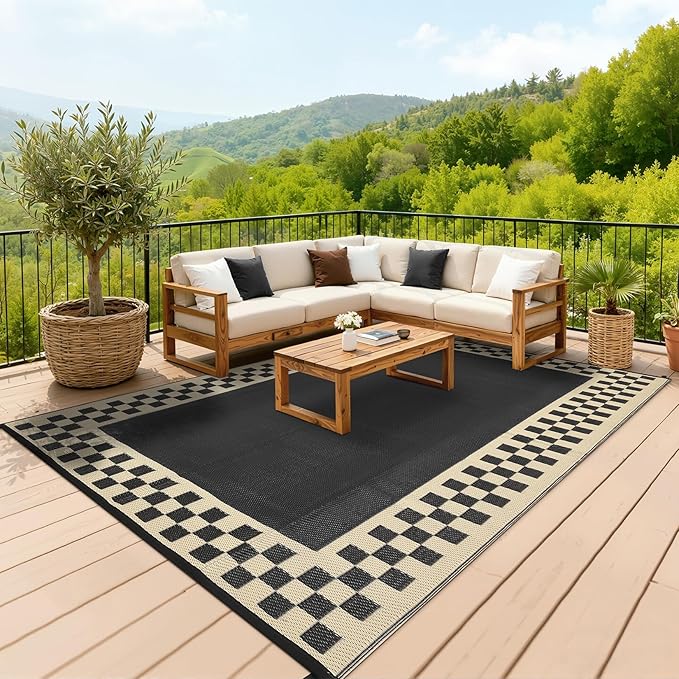 Garvee Outdoor Waterproof Rug 9x18 Large Modern Neutral Outdoor Patio Rugs, Reversible Fade-Proof & Weather Resistant Large Area Rug Mats for Rv Deck Porch Picnic Beach Balcony, Black & Beige