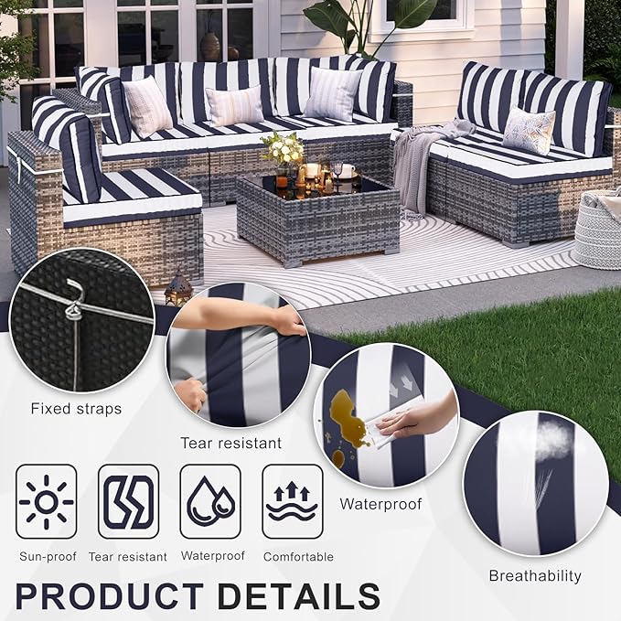 Patio Sectional Cushions, 14-Piece Replacement Cushions for Outdoor Furniture, Water-Resistant Outdoor Sofa Cushion for 6-Seat Rattan Wicker Sectional Conversation Sets (Navy Blue & White Stripes)