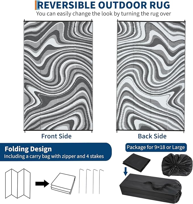 Patio Modern Abstarct Outdoor Rug 10x14 Waterproof Large Reversible Camping Mat Foldable Lightweight Plastic Straw Outdoor Rug for Deck, Picnic, Porch, Camper, Balcony, Beach, Rv，Black/Grey