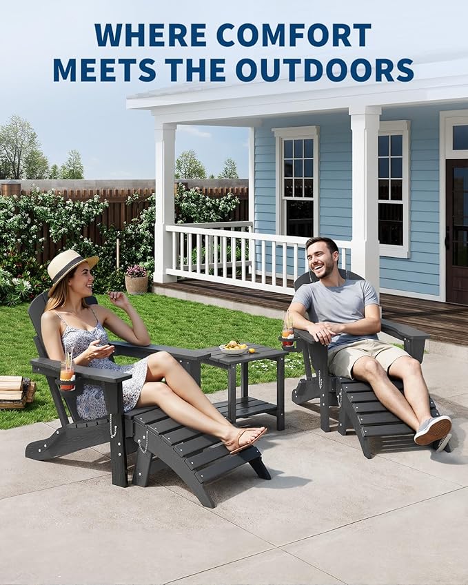 Folding Adirondack Chair Set of 5, All-Weather HDPE Outdoor Chair, Wooden Textured with Cup Holder for patios, Decks, Gardens, fire pits, Grey