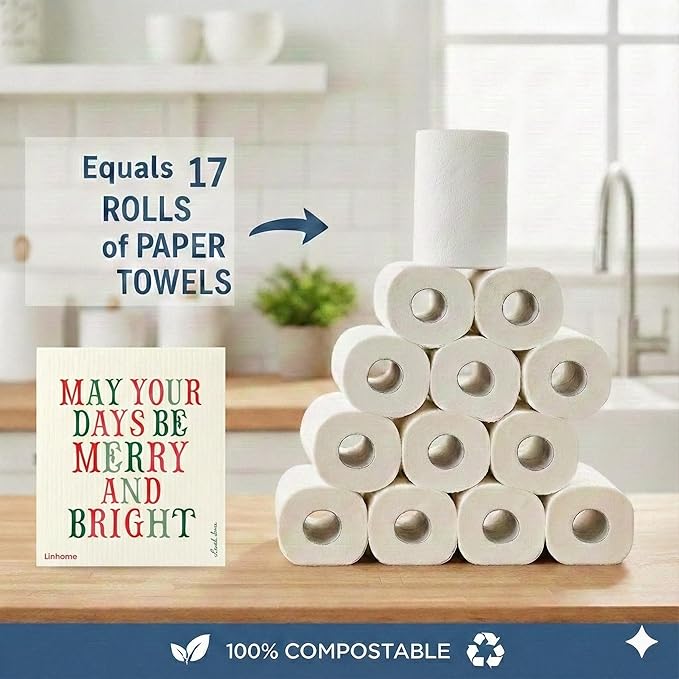 Christmas Holiday Swedish Dishcloth, Reusable Paper Towel, Super Absorbent Cellulose Sponge, Washable Kitchen Cleaning Cloth (Merry & Bright - 1 Pack)