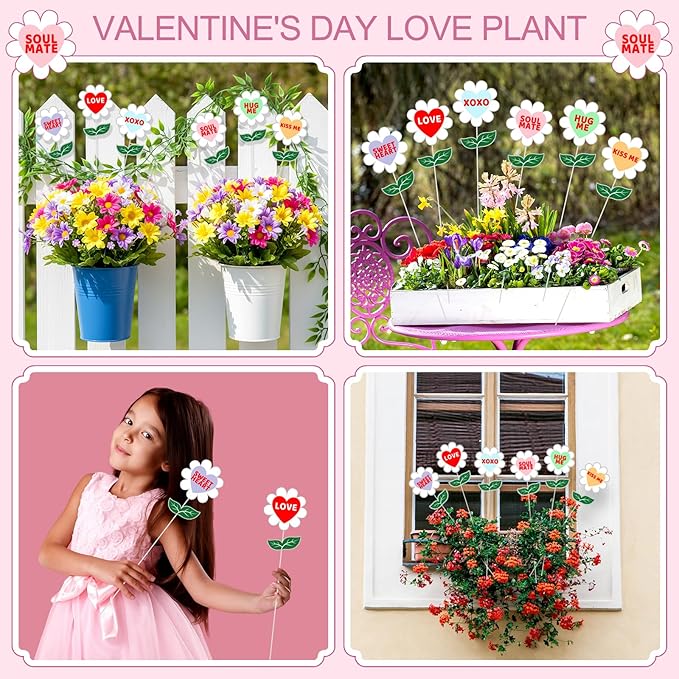 BreezeHug 6 Pcs 3.9 Inch Valentine's Day Heart Shaped Conversation Flower Stakes Outdoor Garden Planter Stakes Sign Valentine Flower Stick Pink Red Decorative for Anniversary Yard Patio(Colorful)