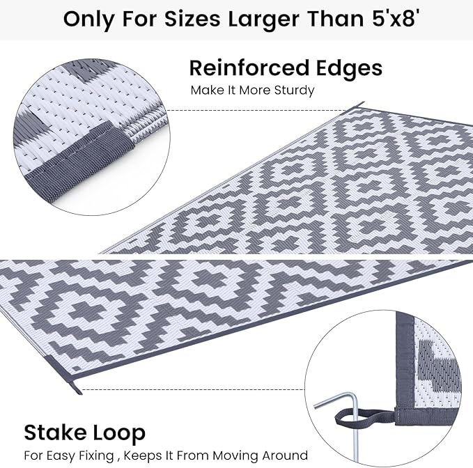 Smiry Waterproof Outdoor Rug 8x10 ft, Reversible Plastic Straw Patio Camping Rugs, Outdoor Indoor RV Mat Carpet for Patio, Outside Entry, Backyard, Deck, Bench, Picnic, Camper, White & Grey