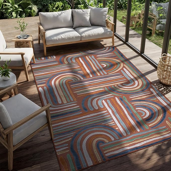 CAMILSON Indoor Outdoor Rug, Orange 5x7 Geometric Arch Striped Area Rugs for Patio and Home Areas, Easy-Cleaning Non-Shedding Living Room, Garden and Deck Washable Outside Carpet (5 x 7)