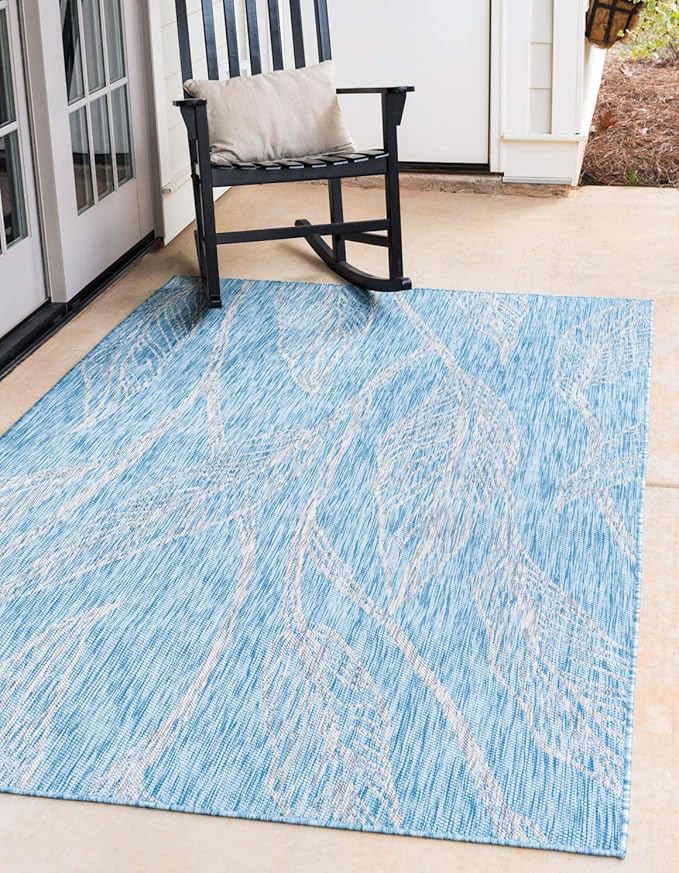 Unique Loom Outdoor Botanical Collection Area Rug - Leaf (8' x 11' 4" Rectangle, Light Aqua/ Ivory)