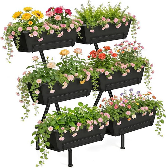 ETELI Vertical Garden Planter 3 Tier Vertical Raised Garden Bed with 6 Garden Planter Boxes Elevated Raised Bed with Drainage Holes Outdoor Standing Garden Planter for Herbs Flowers Vegetables, Black