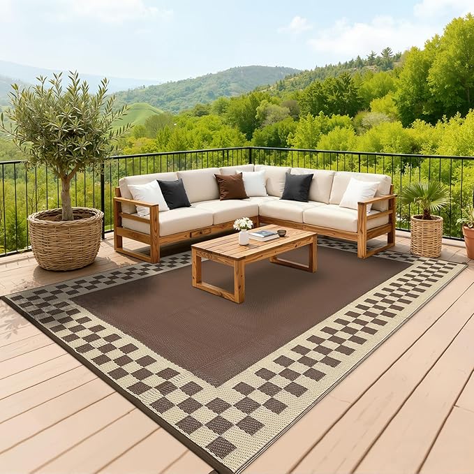 Garvee Outdoor Waterproof Rug 9x18 Large Modern Neutral Outdoor Patio Rugs, Reversible Fade-Proof & Weather Resistant Large Area Rug Mats for Rv Deck Porch Picnic Beach Balcony,Brown & Beige