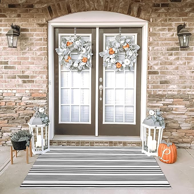 OJIA Outdoor Area Rug 4'x6', Black and White Outdoor Rug Machine Washable Patio Rugs Cotton Hand Woven Door Mats Indoor Outdoor Striped Rugs for Front Porch/Deck/Backyard/Balcony/Home Decor