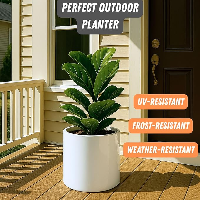 Fox & Fern Large 12 Inch Planter - Lightweight Fiberstone Glossy White Plant Pot - Drainage Plug - Large Indoor & Outdoor Floor Planter - 12 Inch Pots for Plants - Weather Resistant & UV Resistant