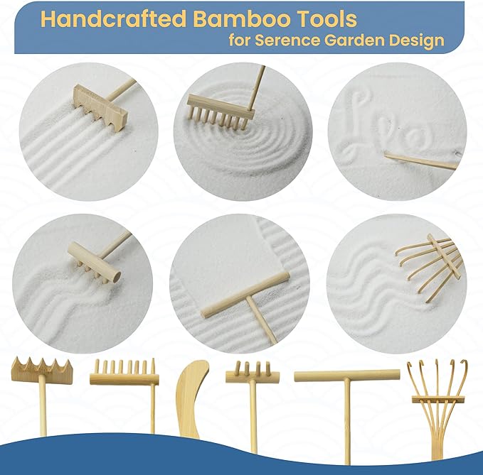 Zen Garden Kit for Desk, 12x8 Inch Sand Tray with 16 Accessories and 6 Tools, Japanese Meditation Mini Garden Set,Mini Meditation Decor for Adults, Stress Relief, Home & Office Decor, Unique Gift Set.