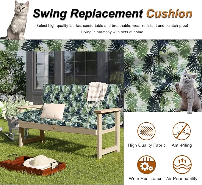 2-3 Seat Swing Replacement Cushion, Outdoor Bench Cushions with Backrest Thicken 4", Patio Furniture Garden Porch Loveseat Glider Pad Anti-Fading Waterproof (Palm Leaves, 40x40in)