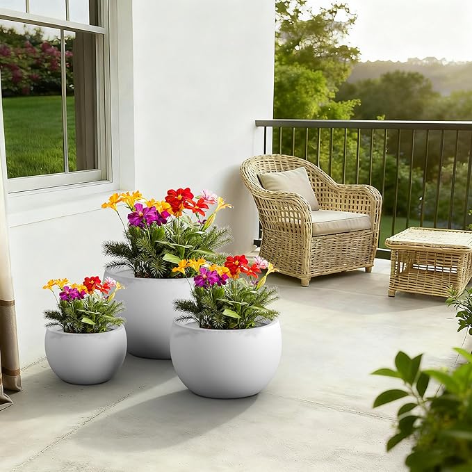 Kante 19.9",15.7",11.8" Dia Round Concrete Planter Set of 3, Outdoor/Indoor Large Bowl Plant Pots with Drainage Hole and Rubber Plug for Garden Patio Balcony Home, Pure White