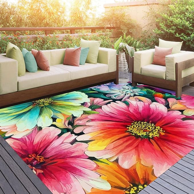 Lux Washable Outdoor Rug Farmhouse Modern Floral Pattern Red Green Area Rug for Patio Deck Porch Balcony Non Slip Romantic Backyard Garden Waterproof Carpet Cute Outside Rugs 2x6