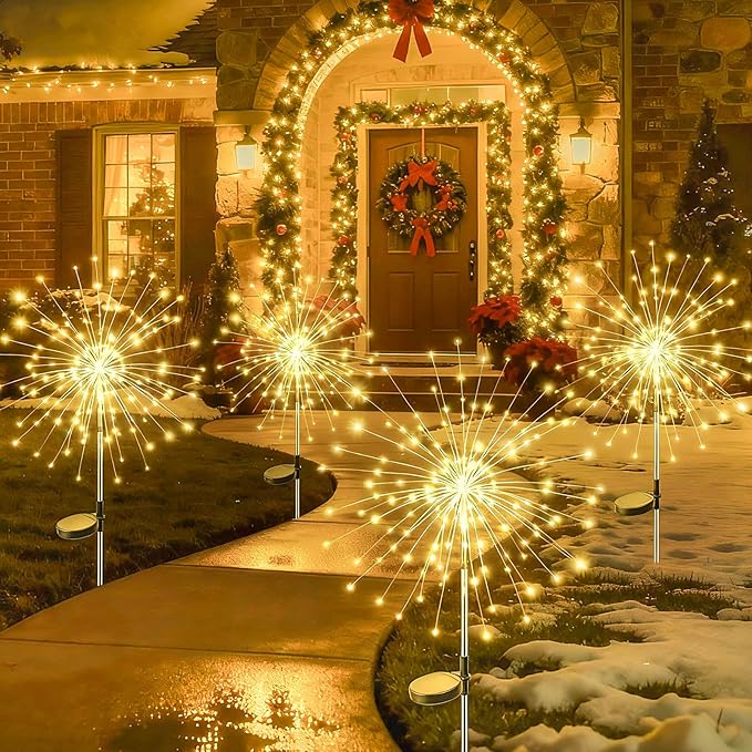 btfarm 4 Pack 120 LED Solar Garden Lights Outdoor, 8 Modes Firework Lights Solar Powered, Waterproof Twinkle Fairy Light Outside for Yard Patio Pathway Pool Christmas Party Decorative, Warm White