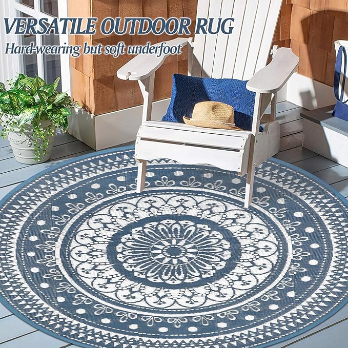 Cekene Round Outdoor Patio Rugs 6Ft Waterproof Reversible Outdoor Rugs with Carry Bags Lightweight Plastic Straw Rugs Portable RV Camping Mat Blue Floor Carpet for Deck Porch Picnic BBQ