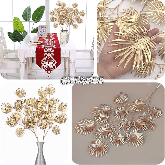 Artificial Golden Plants for Christmas Decor, Tall 30 Inch Faux Palm Leaves Plastic Fan Leaf Fake Tropical Monstera Tree for Indoor Outdoor Wedding Party Big Vase Filler DIY Decoration - Gold 2 Pack