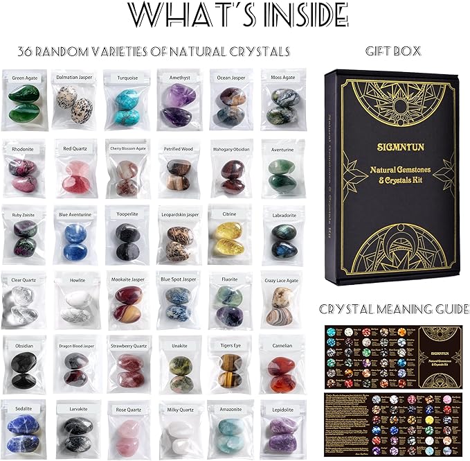 Polished Healing Crystal Stones Set, 36 Different Natural Gemstone Types, 2.5 lbs of 0.8" Tumbled Decorative Rocks Collection for Chakra, Meditation, Reiki, Energy Work, Crafts, Gifts