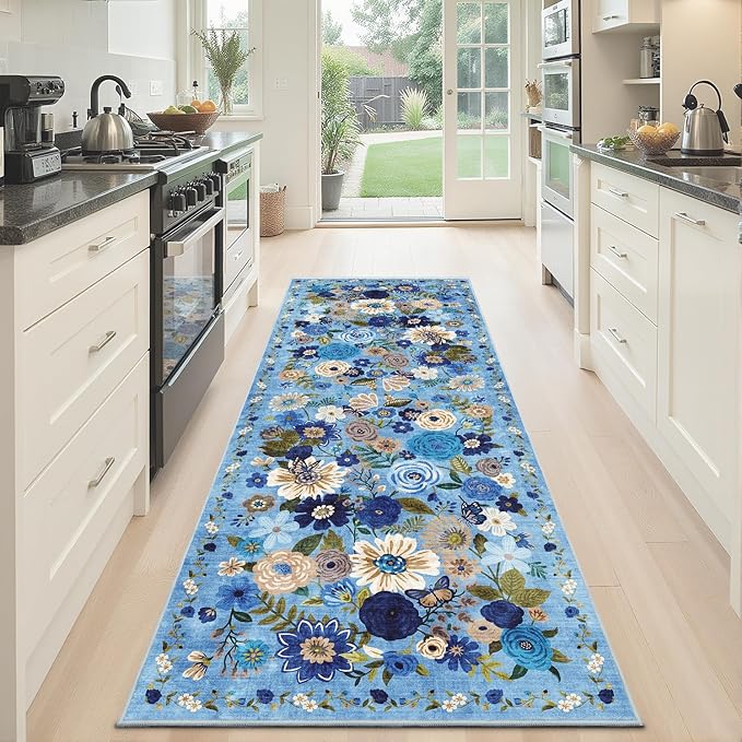 Rug for Hallways Kitchen Rug 2x6, Non Slip Washable Rugs with Rubber Backing Soft Floral Carpet Runner for Hallways, Kitchen, Laundry, Bedroom, Bathroom (Blue Garden, 2 x 6)