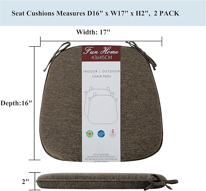 FUNHOME 17"x16"x2" Outdoor Chair Cushions Set of 2, Water Resistant Patio Chair Pads with Ties, Seat Cushions for Home Garden Furniture Decoration-Brown