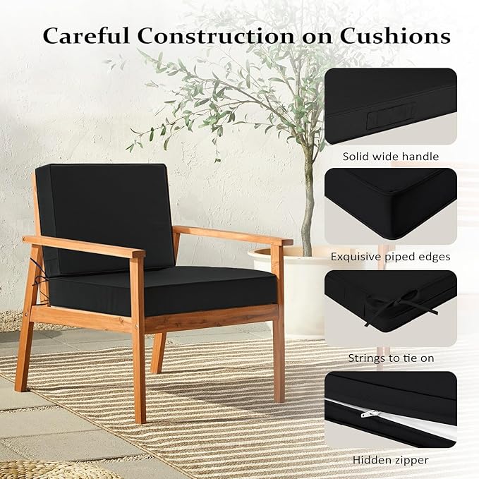 Cozyide 22x22 Outdoor Cushions for Patio Furniture, Waterproof Outdoor Chair Cushions with Non-Slip Ties and Handle, Washable Deep Seat Cushions for Outdoor Furniture with Removable Cover, Black