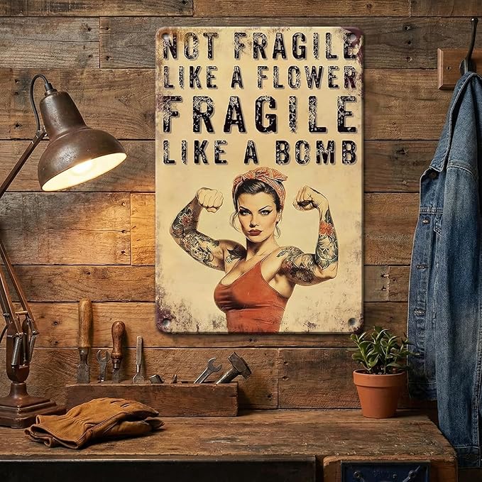 PEACHGARDEN Home Gym Decor Girl Gym Signs Not Fragile Like a Flower Fragile Like a Bomb Fitness Wall Decor Metal Tin Sign for Home Bar Pub 8x12 Inch