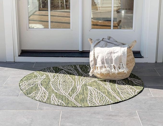 Unique Loom Outdoor Botanical Collection Area Rug - Leaf (4' 1" Round, Green/ Ivory)