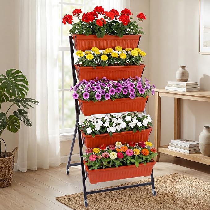 2 Set 4.5 ft Vertical Garden Planter with Lockable Wheels 5 Tier Removable Raised Bed Box for Outdoor Herb Vegetable and Flower Growing Includes Gloves and Screwdriver(Brick Red)