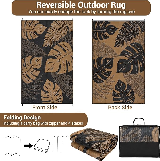 COZYLOOM Outdoor Rug 8x10 Patio Rugs Waterproof Plastic Straw Rug Reversible UV Resistant Camping Mat, Foldable Lightweight RV Picnic Mat with Portable Bag, Modern Outdoor Carpet for Yard, Brown