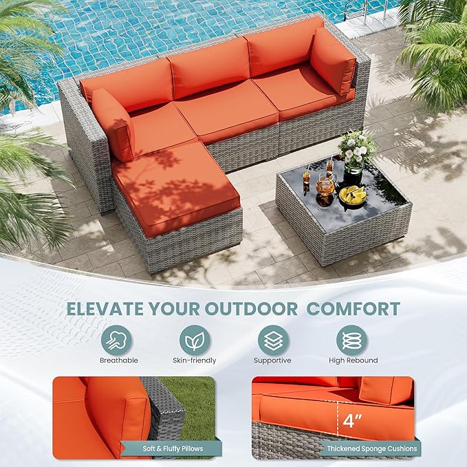 UDPATIO Outdoor Cushions for Patio Furniture Upgraded, Waterproof Patio Furniture Cushions Replacement, 4" Deep Seat Outdoor Sectional Cushions for 4-seat Patio Furniture Chair Sofa Couch, Orange