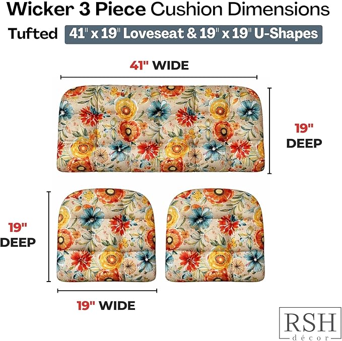 RSH DECOR: 3-Piece Tufted Wicker Cushion Set -41”x19 & 19"x19" Outdoor Wicker Loveseat Cushions & U-Shape Chair Cushions for Patio Furniture - All-Weather Spun Fabric (Colsen Sonoma) - Made in USA