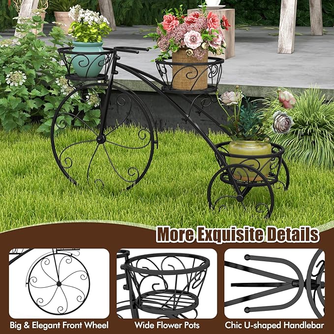 Giantex Metal Bicycle Planter, 3 Tier Tricycle Flower Plant Stand w/ 3 Decorative Wheels, Parisian Style Flower Display Stand Cart for Home Decor Patio Garden Flower Shop Indoor Outdoor