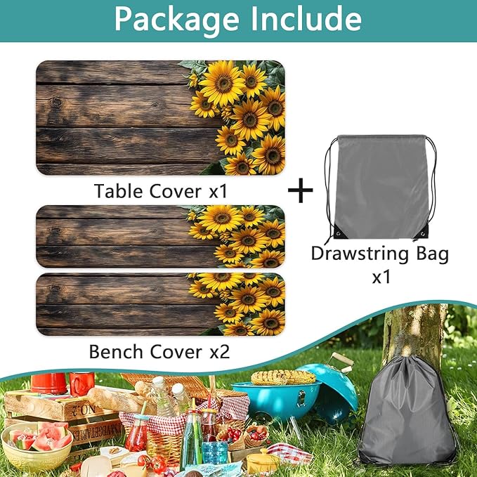 Picnic Table Cover with Bench Covers Wood Sunflower Elastic Outdoor Tablecloth Camping Essentials Waterproof Windproof Camping Tablecloth with Drawstring Bag, Fitted Rectangle Tables Seats 96X30in