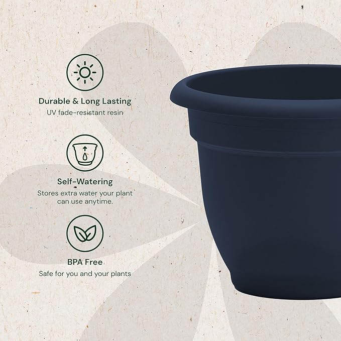 Bloem Ariana 12" Navy Round Self-Watering Resin Planter Pot - Rolled Rim Indoor and Outdoor Gardening Planter