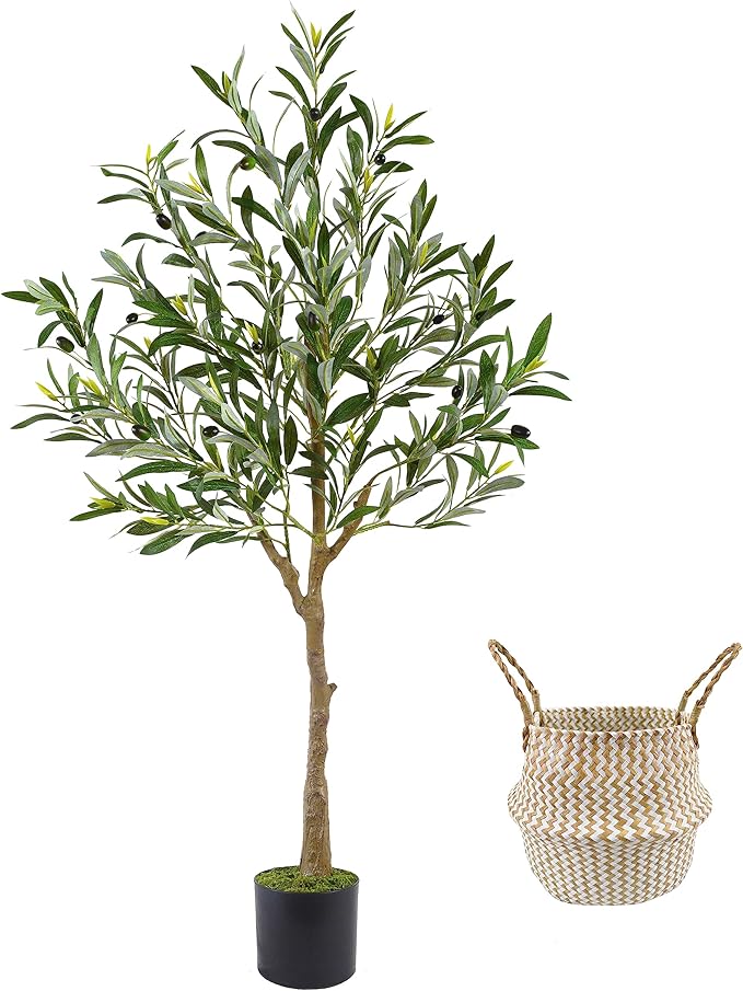 Artificial Olive Tree, 4ft Tall Fake Olive Leaves Plant with Basket, Indoor Outdoor Faux Olive Topiary Silk Tree for Home Livingroom Office Décor
