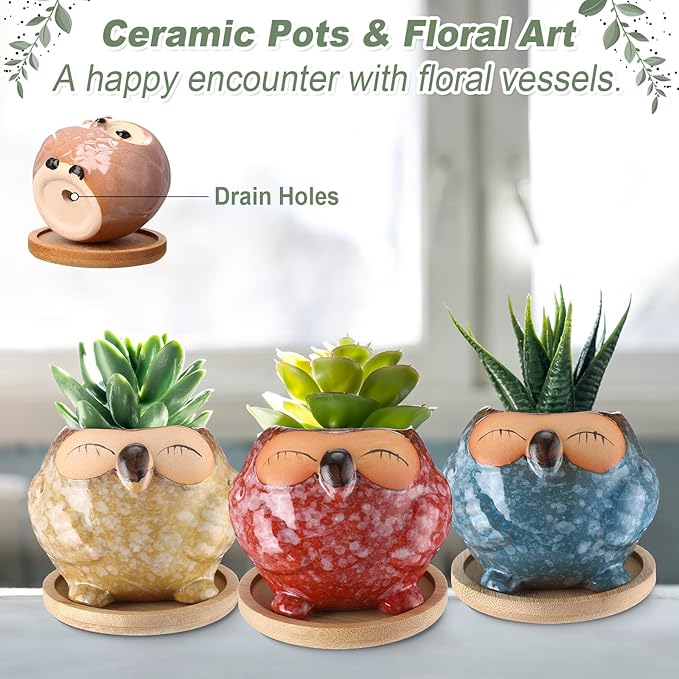 Cindeer 18 Pcs 2.5 Inch Owl Ceramic Succulent Planter Pots Mini Small Ceramic Pots with Drainage Hole and Bamboo Tray for Succulents Glaze Cactus for Home Garden Office Desk Decoration Gift Ideas