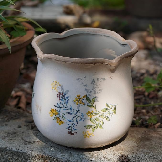 Rustic Ceramic Planter, 6 Inch Tuscan Vintage Flower Pot with Drainage, Farmhouse Garden Pot for Indoor Plants, Kitchen & Garden Tuscan Decor, Plant Lover Gift (Yellow)