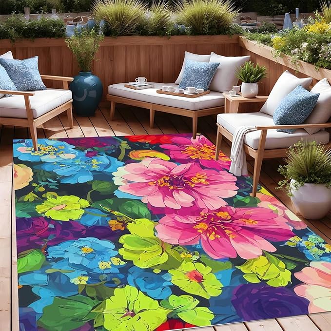 Blue Green Art Deco Floral Flower Pattern Modern Outdoor Rug 3x8 Waterproof Washable Boho Patio Deck Porch Large Area Rug Non Slip Cute Outside Carpet for Garden Camping Backyard