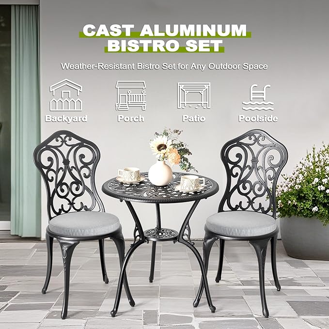 NUU GARDEN 3 Pieces Patio Bistro Set, Outdoor Bistro Set with 2 Chairs, Round Table with Umbrella Hole, Outdoor Bistro Set with Umbrella Hole and Grey Cushions, Black