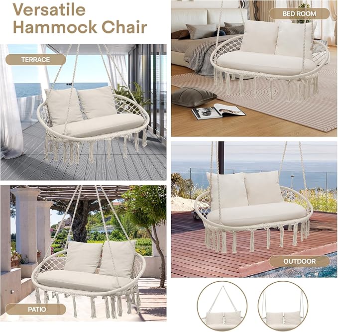 Athena Collection Hammock Swing Chair with 2 Seat, Max 700 Lbs, Outdoor Large Cotton Rope Chair Hanging Macrame Chair with 3 Soft Cushion, Swing Chair for Outdoor Indoor Patio Garden, White