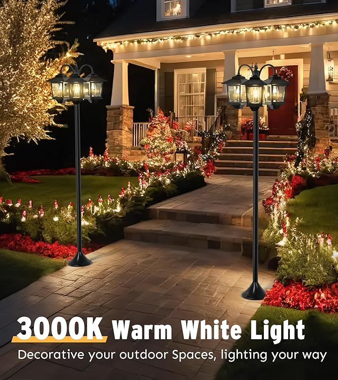 73" Aluminum Solar Lamp Post Light, 3-Head Solar Light Posts for Outside Waterproof, 90Lm Outdoor Lamps for Patio, Backyard, Front Porch Decor, Warm White, Replaceable Bulb