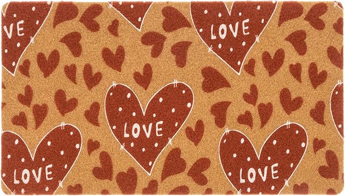 Valentines Welcome Mats for Front Door, Indoor, Outdoor Entrance, Red Love Decor Seasonal Anniversary Wedding Faux-Coir Porch Thin Doormat, Non-Slip Heart-Rug 17"x30" Low-Profile Dirt-Trapping Mat