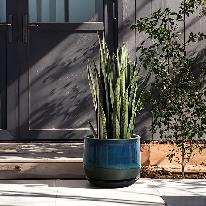 LuxenHome 12" Dia Ceramic Plant Pot, Indoor Outdoor Large Planter with Drainage Hole and Saucer, Blue and Green Gradient Glaze Flower Pot, Modern Decorative Planter for Home Garden Patio Porch