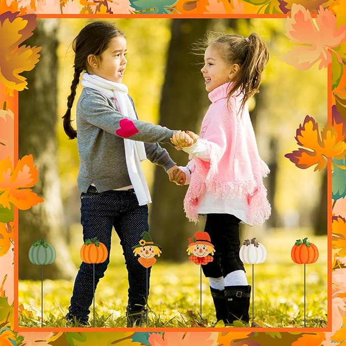 6 Pcs 12'' Thanksgiving Garden Stakes Pumpkin Scarecrow Maple Leaves Fall Metal Yard Sign Yard Stakes Outdoor Thanksgiving Decorations for Planter Lawn Patio Walkway Porch(Cute Style)