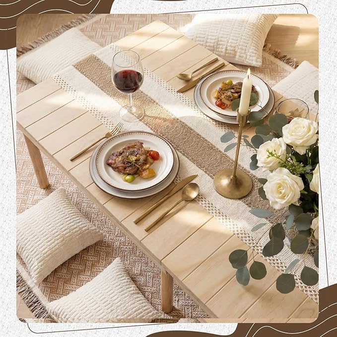 Novabright 9 Pcs Picnic Set Folding Table 30'' x 60'' Extra Large Outdoor Boho Picnic Blanket 91'' x 71'' Beige White Table Runner 6 Throw Pillow Cover Oversize Beach Blanket Washable for Camp Wedding