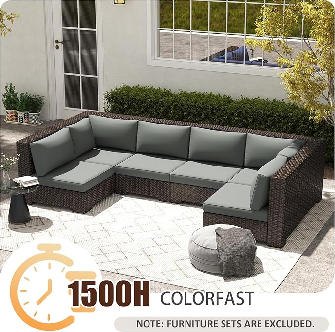 14 Pieces Replacement Patio Cushion for Outdoor Sectional Furniture, Waterproof Outdoor Cushion for 6-Seat Wicker Patio Sofa Sets, 3.2'' Thick with 25D Foam (Grey, 25.2x25.2 Inches)