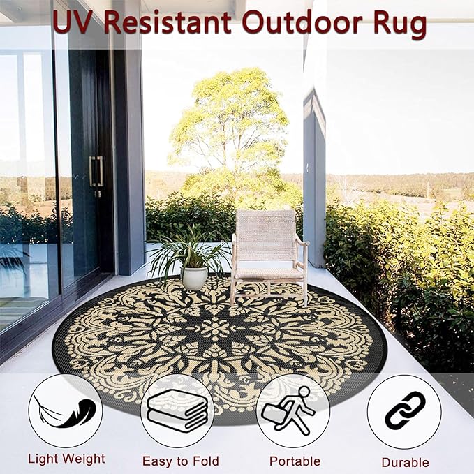 Homcomoda Round Outdoor Patio Rug, 6Ft Waterproof Indoor/Outdoor Area Rug, Black/Brown, 71" Diameter, Leaf Pattern, Machine Made, Low Pile, Foldable, Reversible, Lightweight, Spot Clean Only