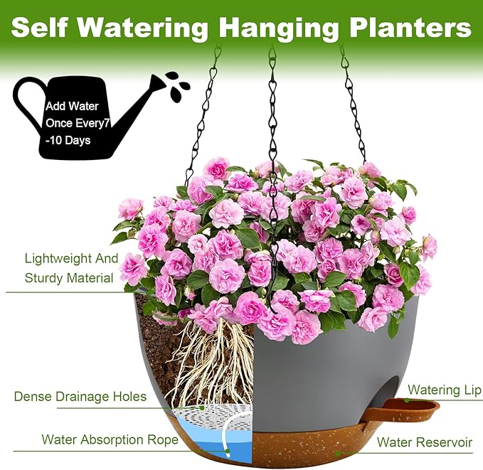 10 inch Hanging Planters for Indoor Plants, 3 Pack Self-Watering Hanging Planter Pots with Chain and Drainage Holes, Outdoor Plastic Hanging Baskets for Garden Home Decor