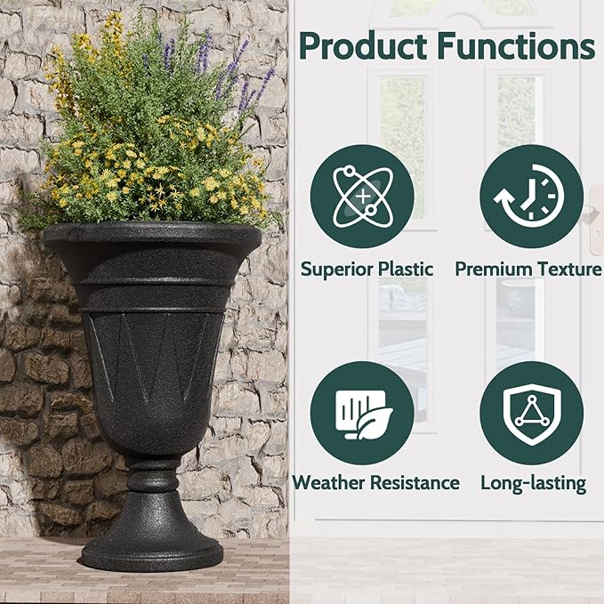 23.6" Tall Plastic Urn Planters for Outdoor Plants, Set of 2 Heavy-Duty Classic Indoor Large Flower Pots with Drainage Holes & Trophy Design, Outdoor Planters for Porch, Home Garden, Black