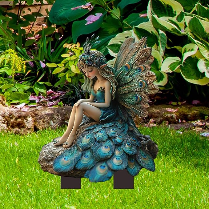 Bohemian Fairy Flower Pot Decoration, Flower Fairy Planter Pots Decor, Fairy Garden Accessories, Bohemian Fairy Flower Pot Decor for Home or Garden (Peacock Elf)
