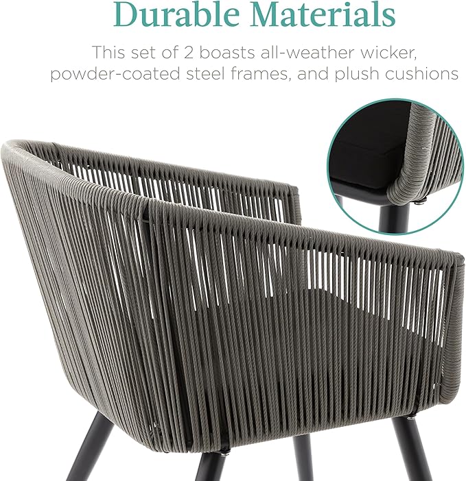 Best Choice Products Set of 2 Patio Dining Chairs, Outdoor Seating for Backyard, Poolside, Balcony w/Woven Wicker Design, 250lb Weight Capacity - Gray/Black